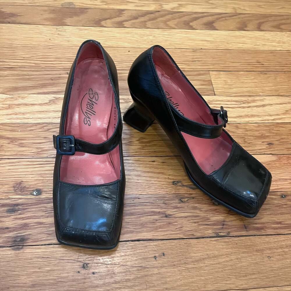 Shellys London Vintage Black Leather Square Toe Mary Jane Block Heels Size 38